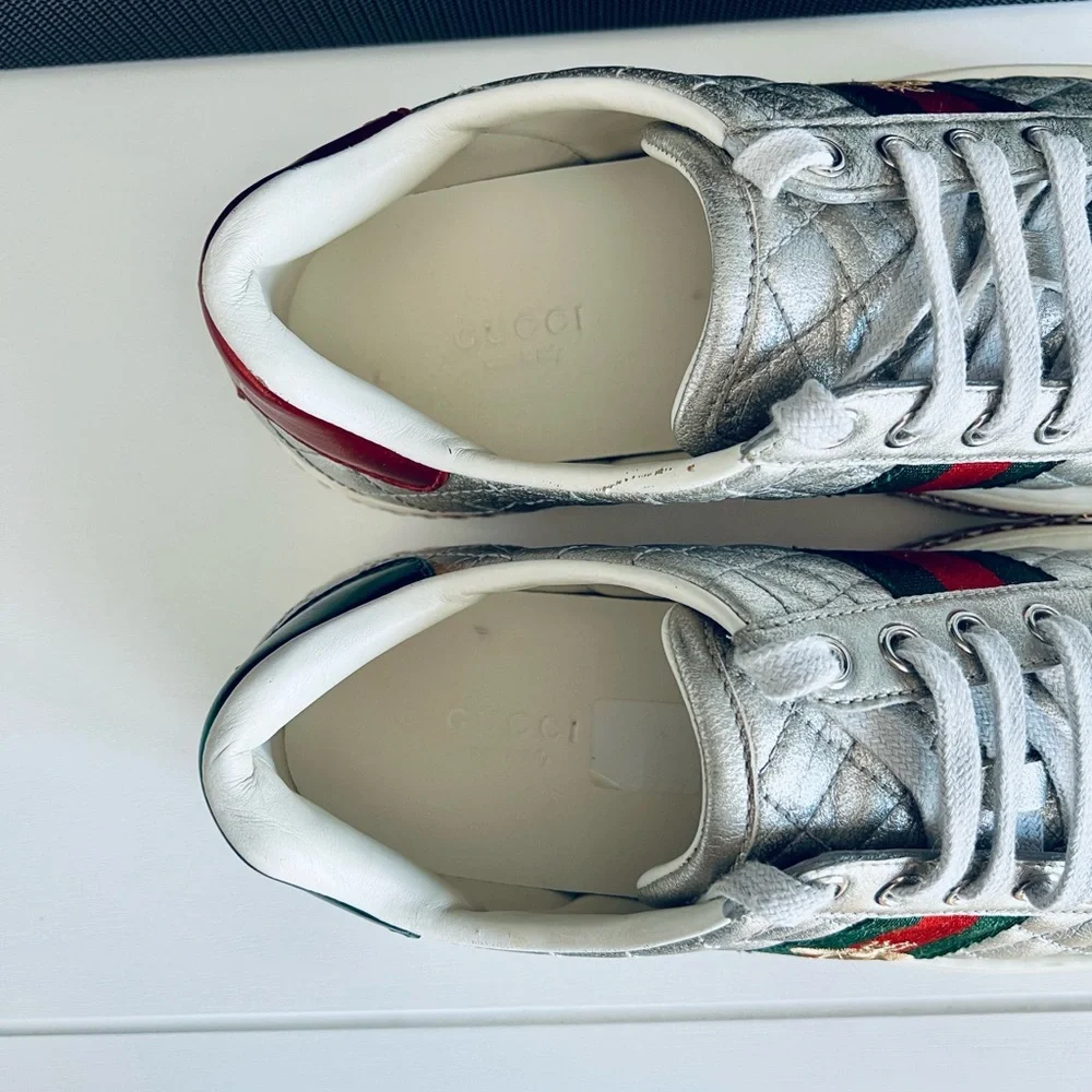 Gucci Silver Quilted Leather Bee Web Ace Crystal Embellished Platform Sneakers - Picture 8 of 16